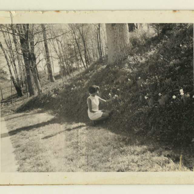 Venus Jones kneels along a hillside on MWC's campus and looks at flowers.