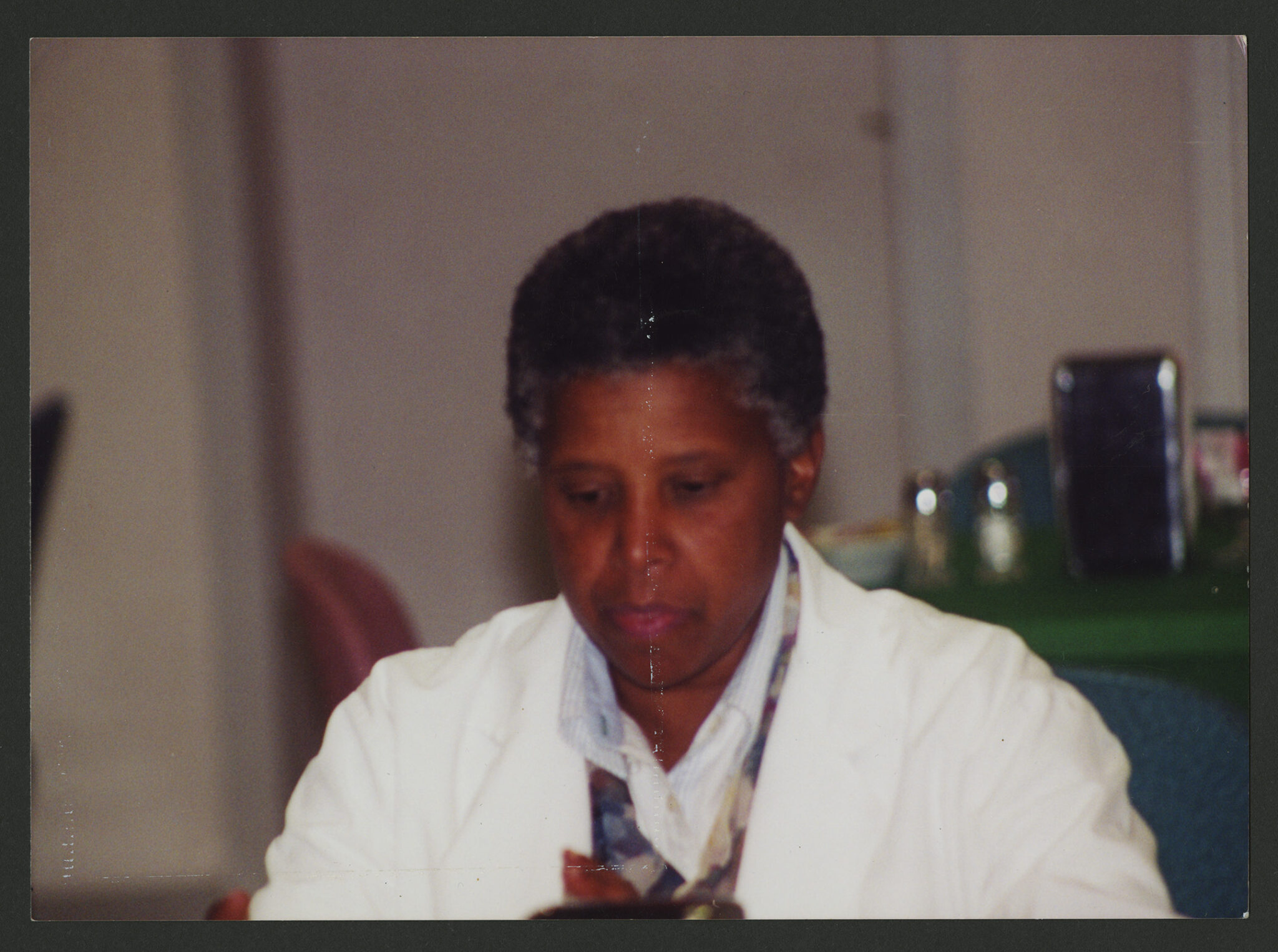 Gray-haired Venus Jones in the lab.